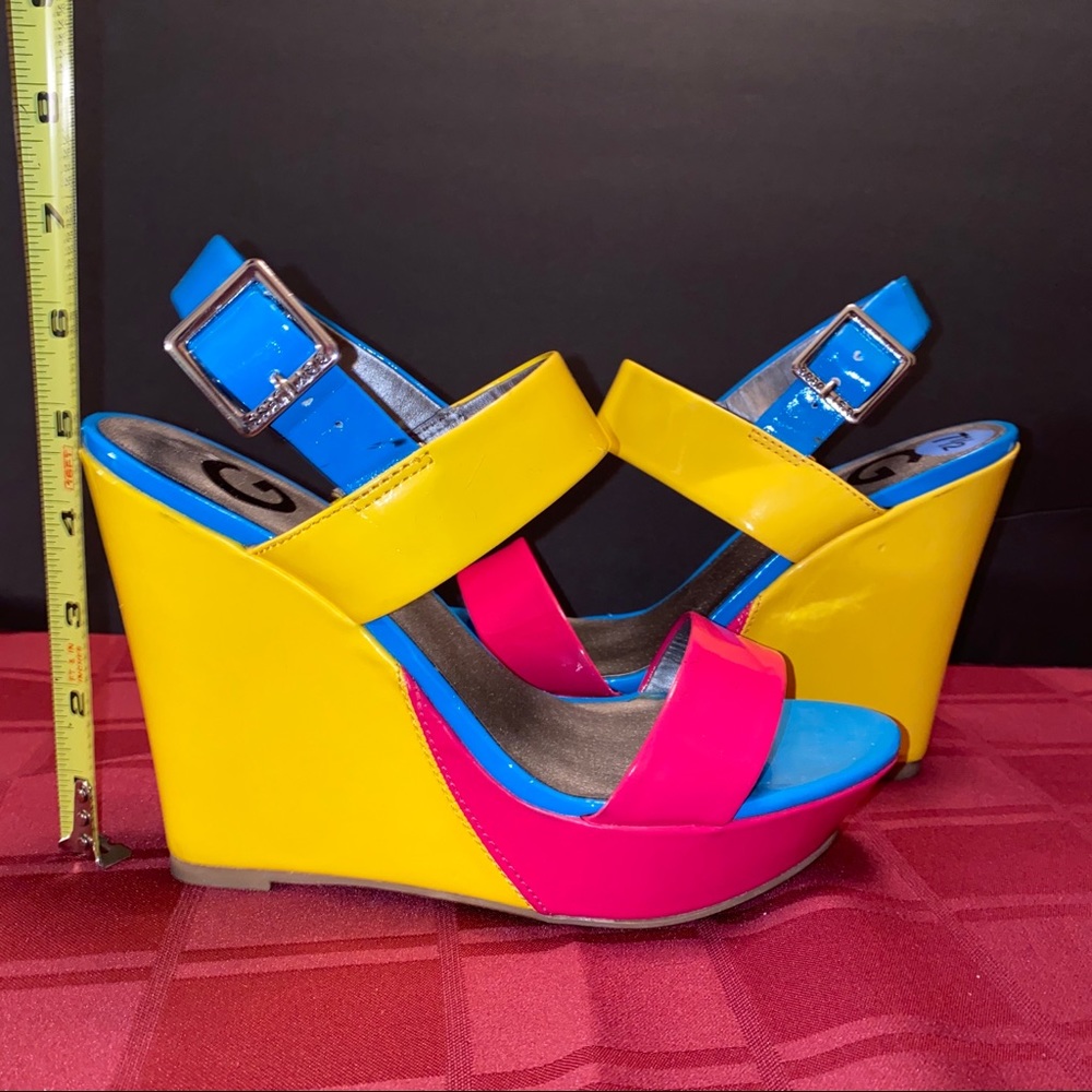 🔥G by Guess Multicolor Pink, Yellow & Blue Wedge Like New 7.5 CUTE! 🌺3xHost Pick - Picture 8 of 11